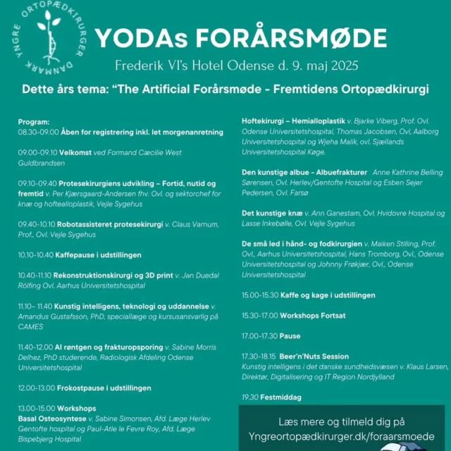 Ses vi til maj? 💃🏼🕺🏼
Programmet for årets forårsmøde ligger nu fast.Skynd dig at tilmelde dig til årets begivenhed! Det er først til mølle 📝Se mere og tilmeld dig på:
https://yngreortopaedkirurger.dk/foraarsmoede/ 💚